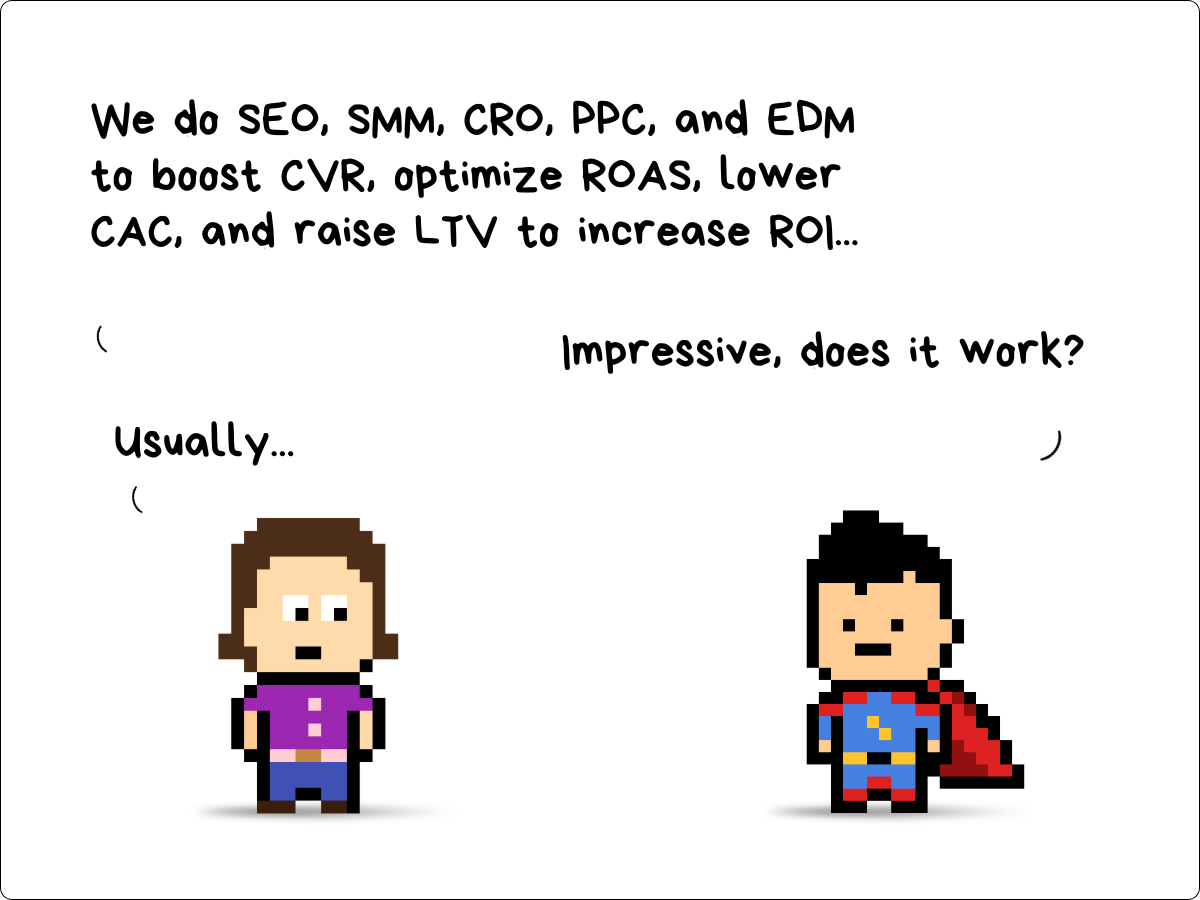 pixel-art comic: "We do SEO, SMM, CRO, PPC, and EDM to boost CVR, optimize ROAS, lower CAC, and raise LTV to increase ROI…" "Impressive, does it work?" "Usually…"