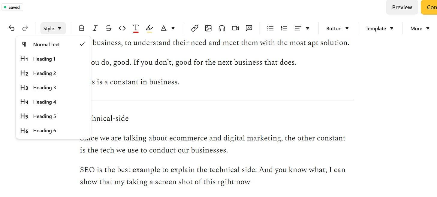 Substack's text editor showing the heading style menu — and a typo