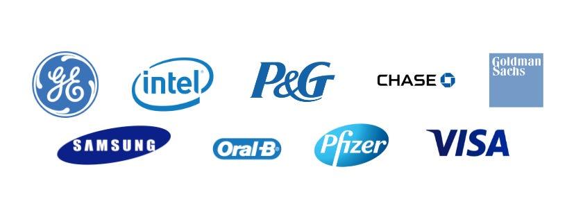 Blue brand logos: GE, Intel, P&G, Chase, Goldman Sachs, Samsung, Oral-B, Pfizer, Visa