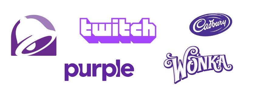Purple brand logos: Taco Bell, Twitch, Cadbury, Wonka