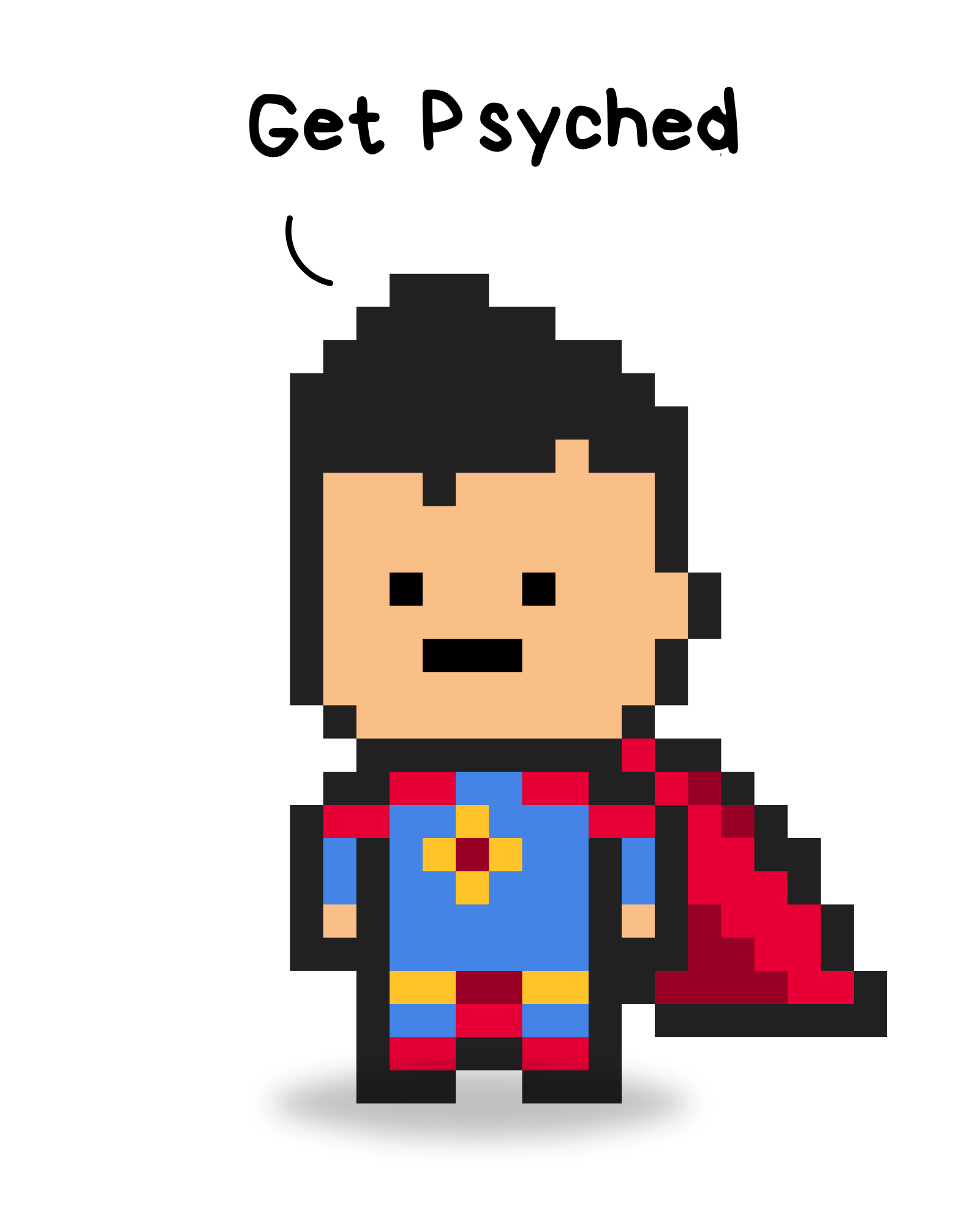 Pixel art character with a colorful cape and text 'Get Psyched' on a white background