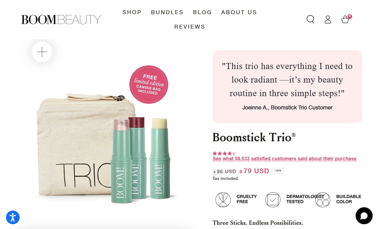 BOOM Beauty's Boomstick Trio product page: a customer quote in a pink panel above the product title, 58,033 reviews, $96 struck through next to $79, and cruelty free / dermatologist tested / buildable color badges.
