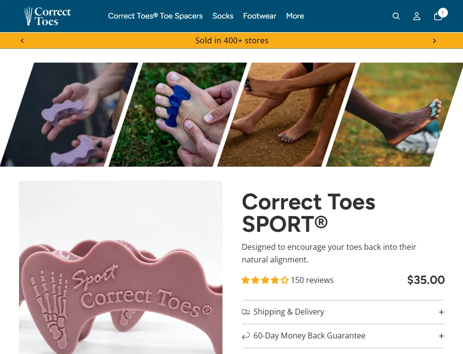 Correct Toes SPORT product page: a banner reading Sold in 400+ stores, a band of lifestyle photos, then the title, a one-line description, 150 reviews and $35.00.