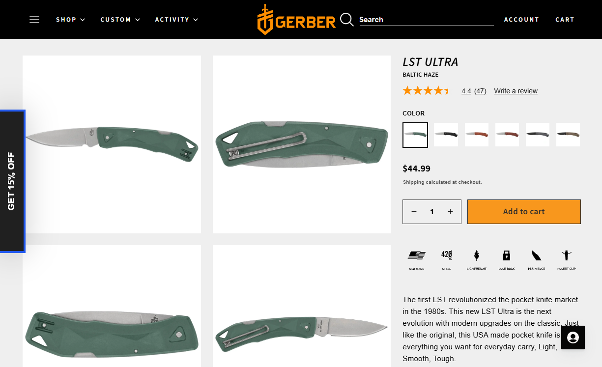 Gerber's LST Ultra product page: a four-up photo grid, 4.4 stars from 47 reviews, six color swatches, $44.99, an orange Add to cart button and a row of USA made / steel / lightweight icons.
