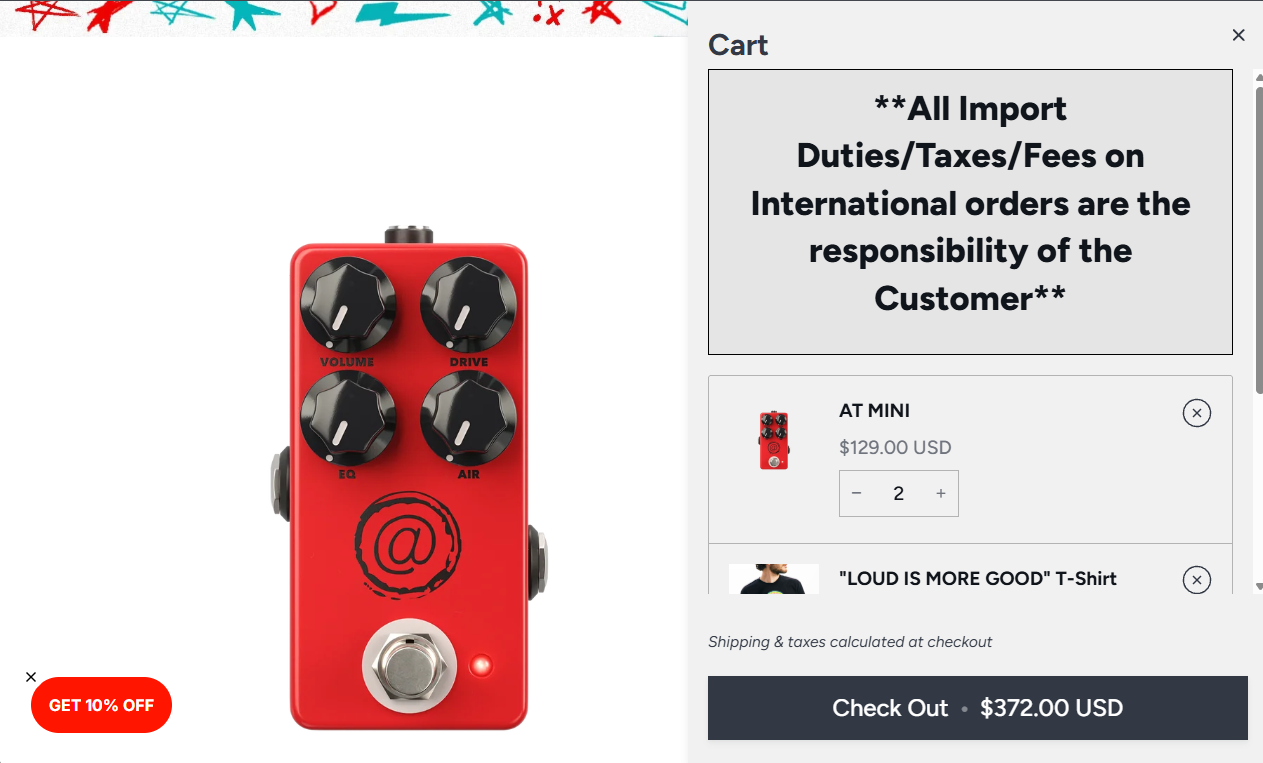 A guitar pedal store's cart drawer, led by a bold all-caps notice that import duties, taxes and fees on international orders are the customer's responsibility, above the line items and a $372.00 check out button.